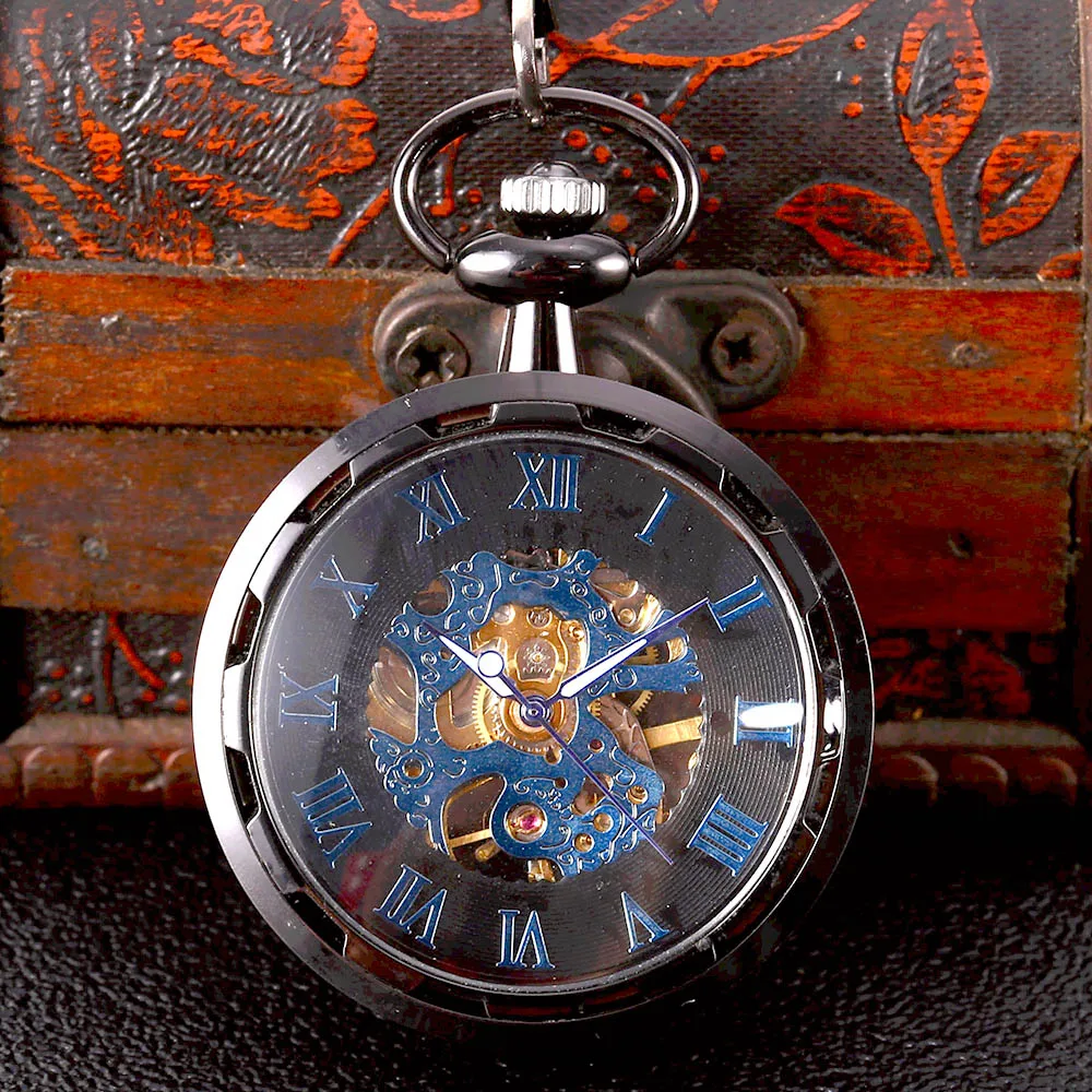 8936Black carved transparent glossy blue Roman scale mechanical large pocket watch