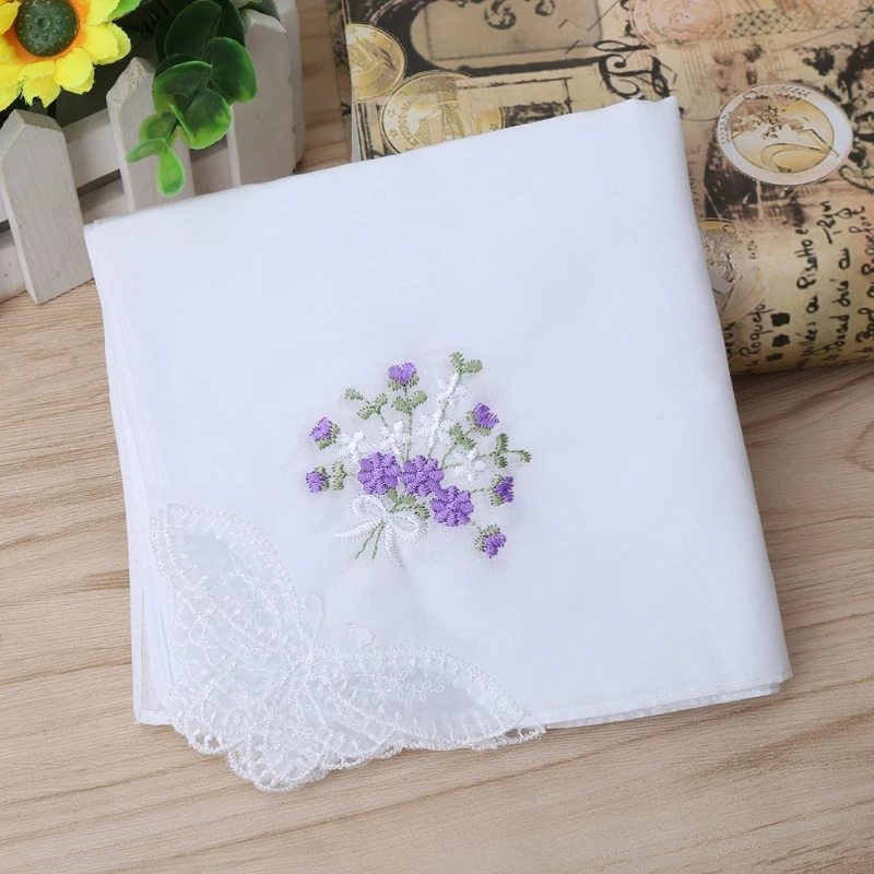 6 pçs vintage algodão senhoras bordado laço lenço feminino floral hanky