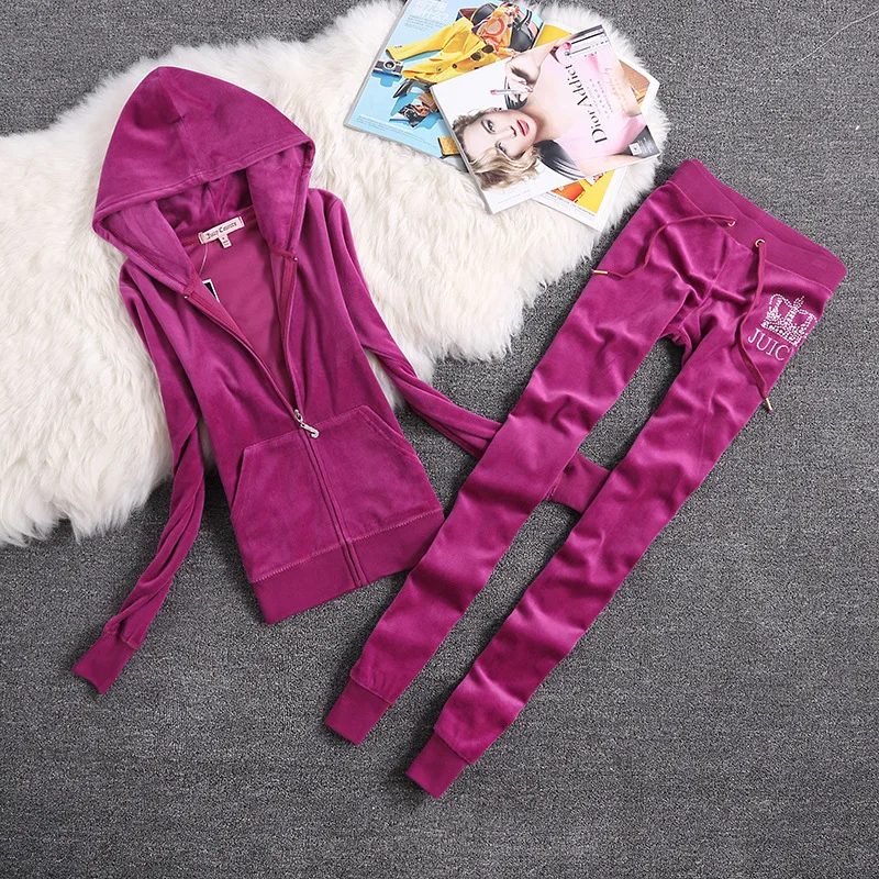 Juicy Lovers Brand Spring Autumn Women Sporting Suits Slim Fashion Velvet Women Tracksuits Hooded Collar Jogging Sportswear suit