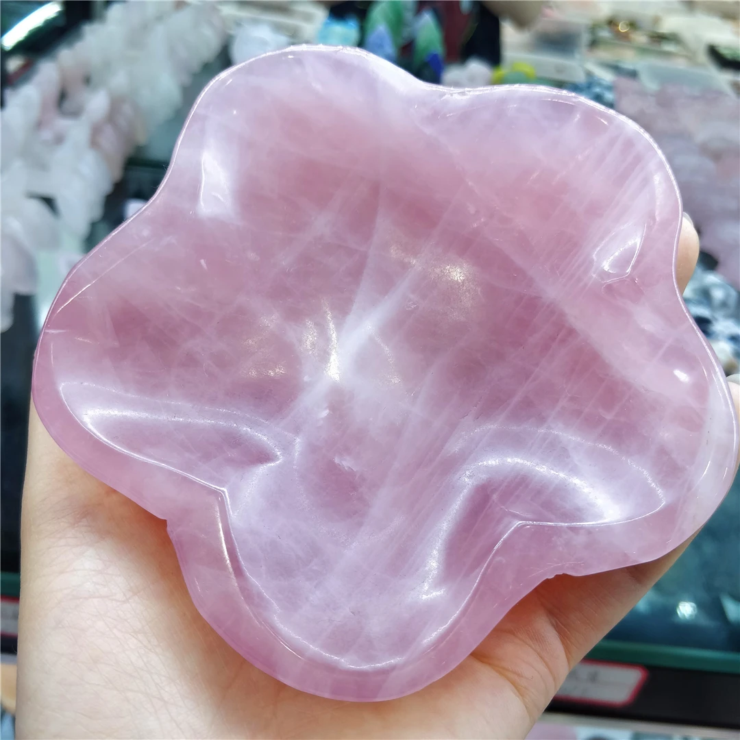 Natural Rose Quartz Handcarved Flower Bowl Candy Plate Dinner Accessories Mineral Crystals Decorative Sculpture Original Crafts