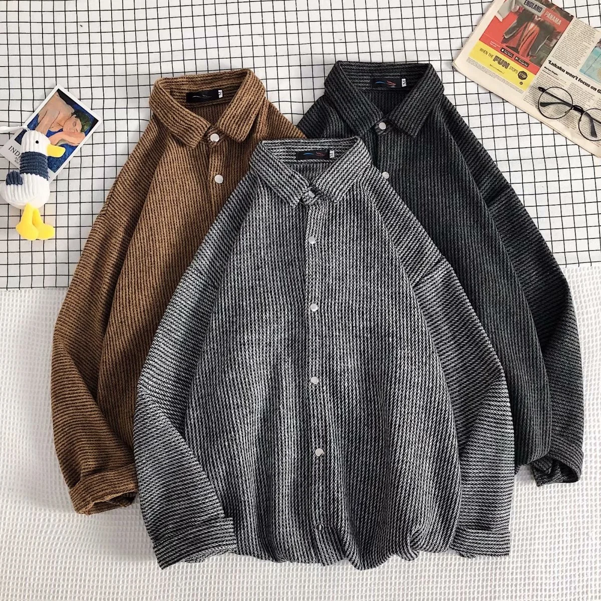 Loose men's large tweed shirt spring trend long sleeve casual Harajuku style antique top hiphop The New listing