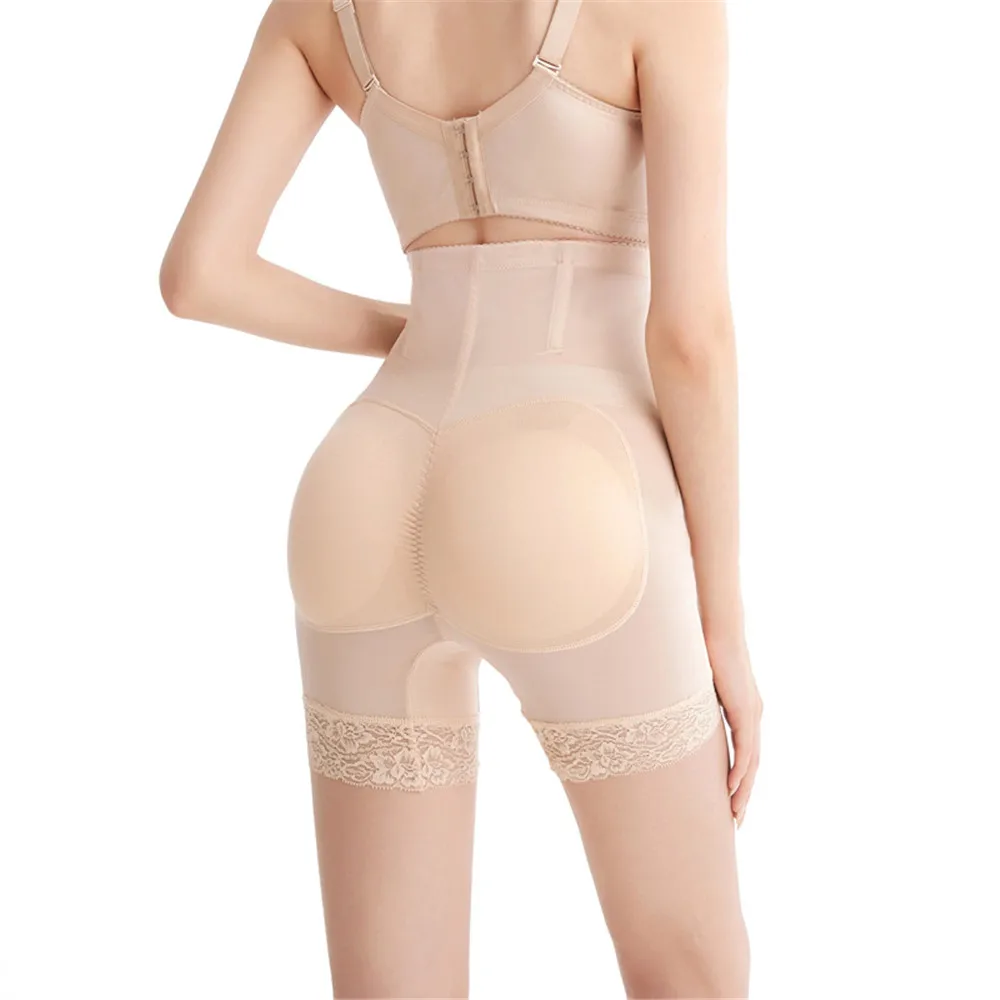 High Waist Fake Buttocks Panties Shapewear Lace Mesh Body Shaping Pants with Insert Padded Buttock Abdomen Boxer Women's Pants