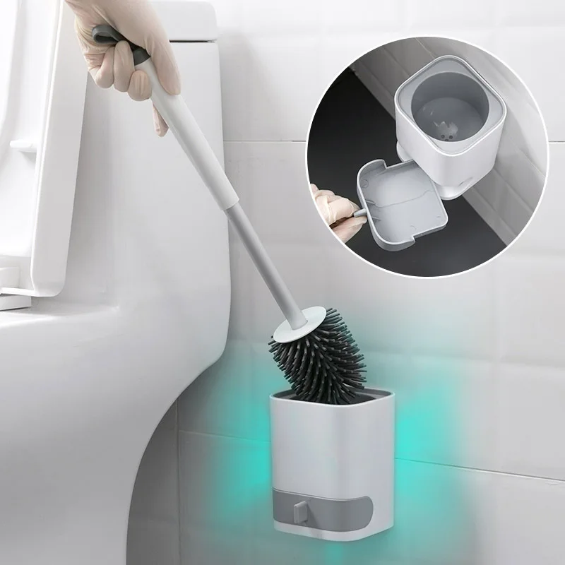 Silicone Head Toilet Cleaning Brush Wall-Mounted Bathroom No Dead Corner Cleaning Tool With Base Long Handle Toilet Brush