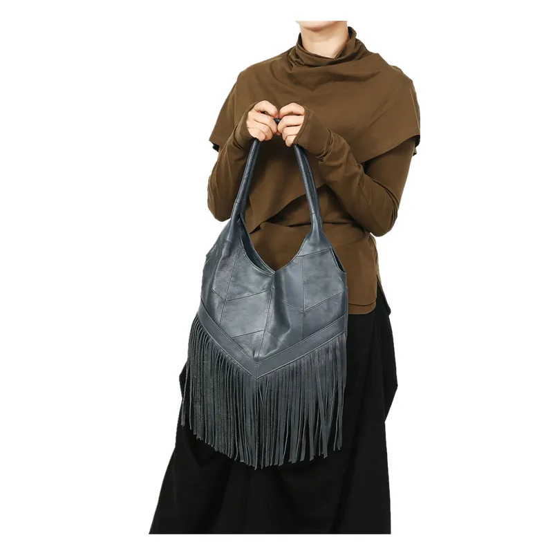 The New Cowhide Leather Fringe Hobo Bag Women Genuine Leather Handbag with Tassel Female Lady ​Casual Real Leather Shoulder Bag