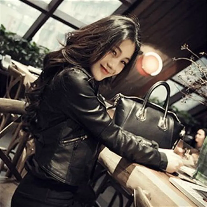 Fall Leisure Boylish Motorcycle Jacket Women Autumn Winter Black Fashion Outwear Faux Leather PU Jacket Gothic Leather Coats