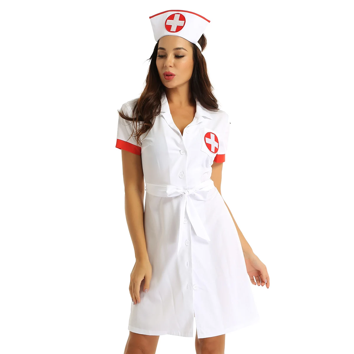 Uniforme d'infirmière médicale pour femmes adultes, costume de cosplay, robe de jeu de rôle sexy, tenue avec ceinture et chapeau, tentation, 3 pièces