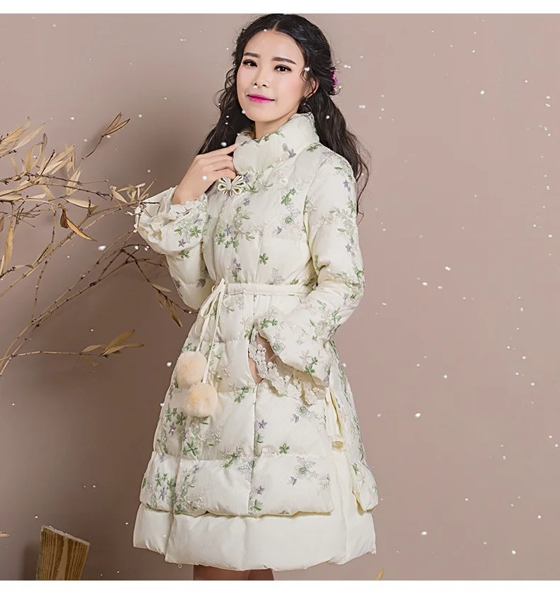 Winter Coat Women Warm Thicken Lace Embroidered Down Jacket Female Slim Elegant Vintage White Duck Down Coat Women Long Coats