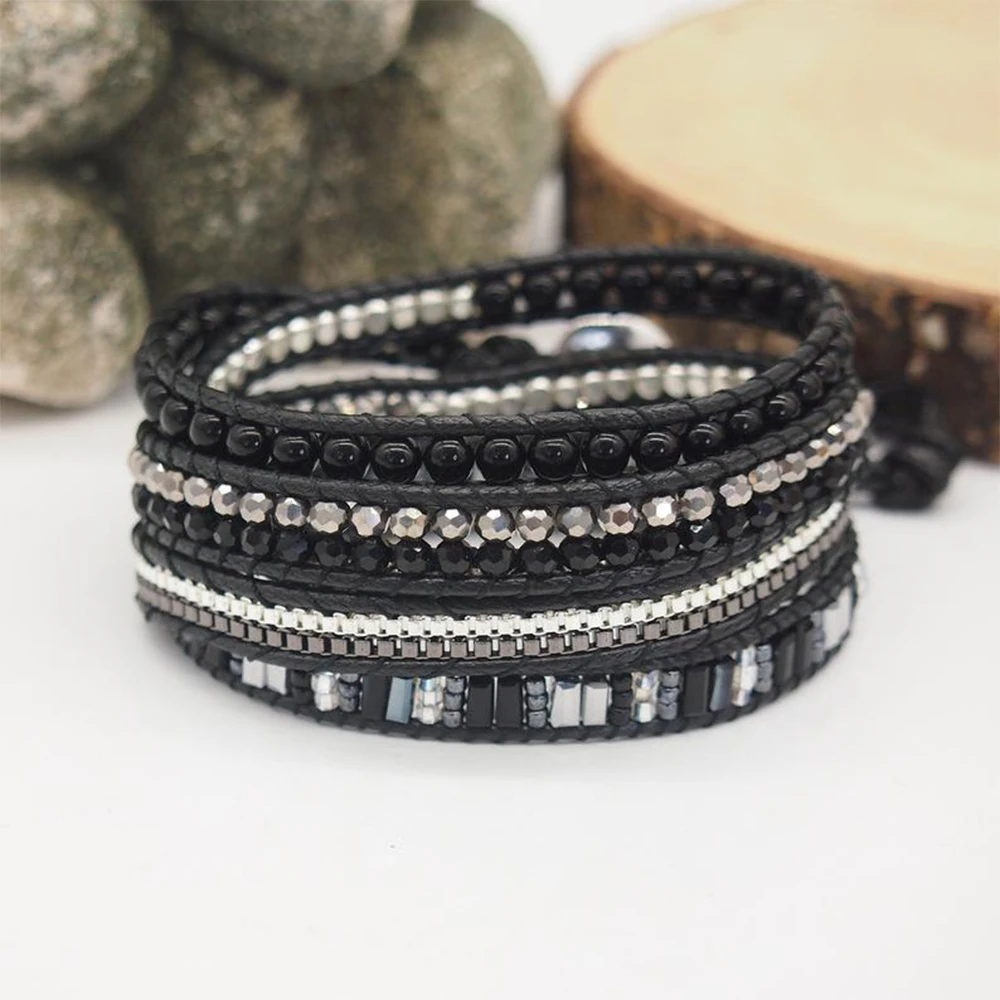 

Drop Shipping Boho 5 times Wrap Black Crystal A gate Beaded Mix Bracelet with Stainless Steel Chain for Men and Women