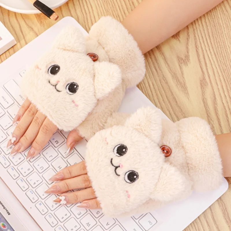 

Women Lovely Fur Rabbit Mittens Fingerless Gloves Plush Warm Glove Soft Thick Gloves for Women Girl Winter Half Finger Gifts