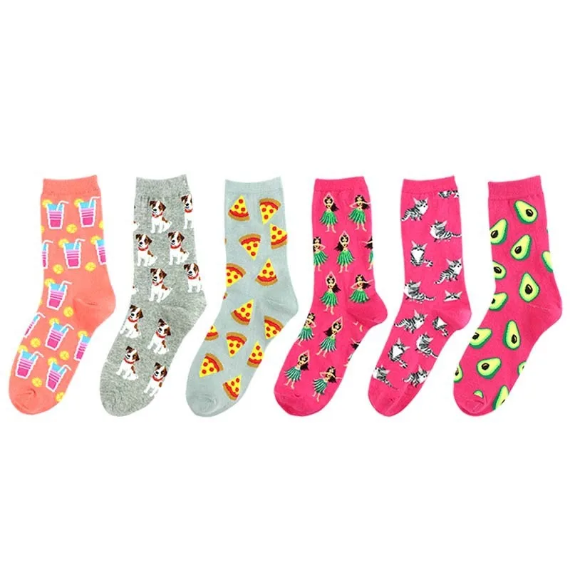 Peonfly Fashion Cute Soft Novelty Cotton Women Socks Dog Cat Avocado Pizza Colorful Cartoon Kawaii Funny Happy Socks Pink Gift