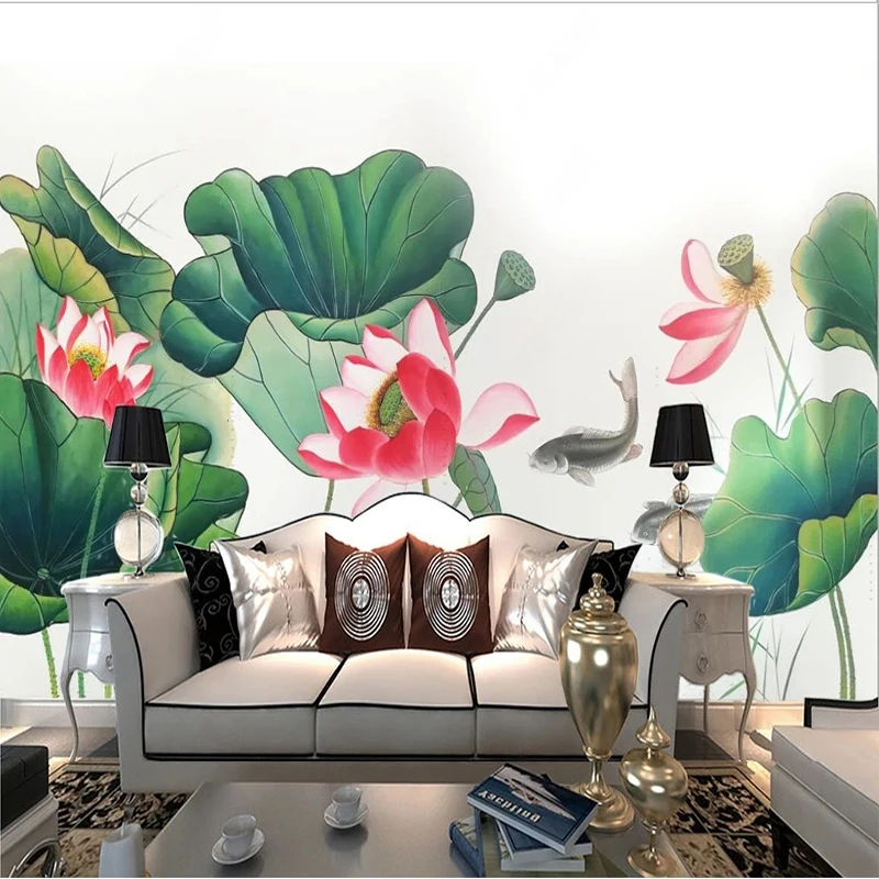 

Custom 3D Self-Adhesive Wallpaper New Chinese Style Hand-Painted Lotus Fish TV Background Wall Papel De Parede 3D Flores Paiting