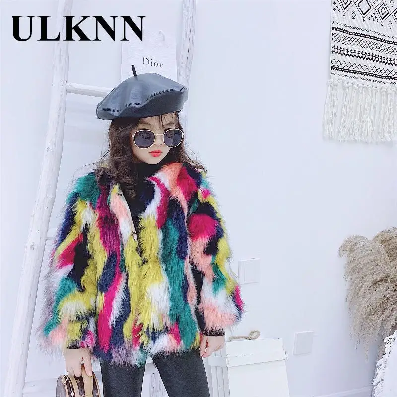 

Girl's Rainbow Coat Kids Faux Fur Outwear Mommy And Daughter Matching Clothes Boys Winter Clothe Baby Long-sleeved Jacket New