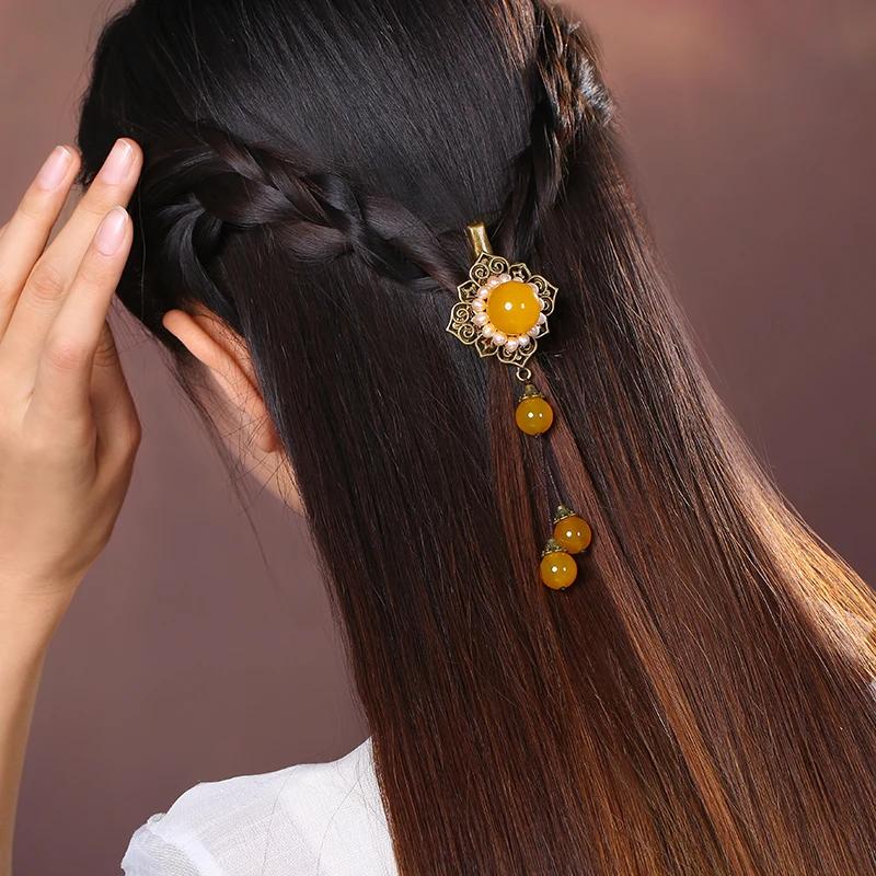 Pearl Gold agate Hair pin Tassel Ethnic Vintage Barrettes Hair Jewellery Women Fashion Hair Clip Bronze alloy Head Ornaments