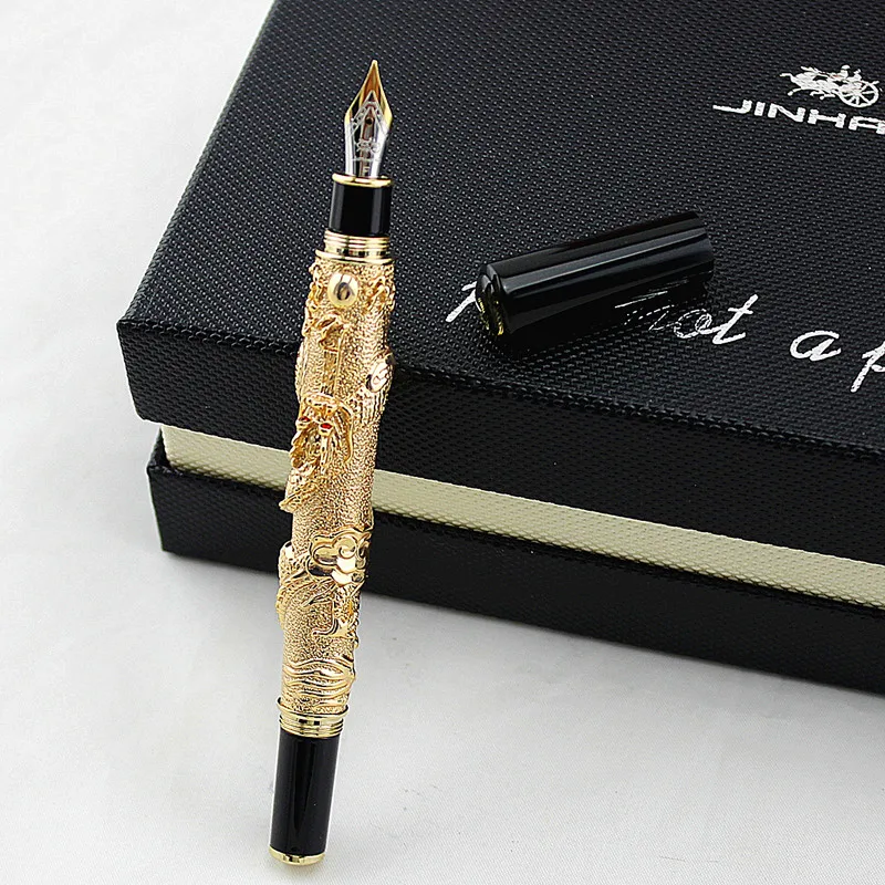 Jinhao-stylo fontaine de marque Noble, Dragon doré, 0.5mm, avec bec fin, écriture en métal, papeterie scolaire et de bureau