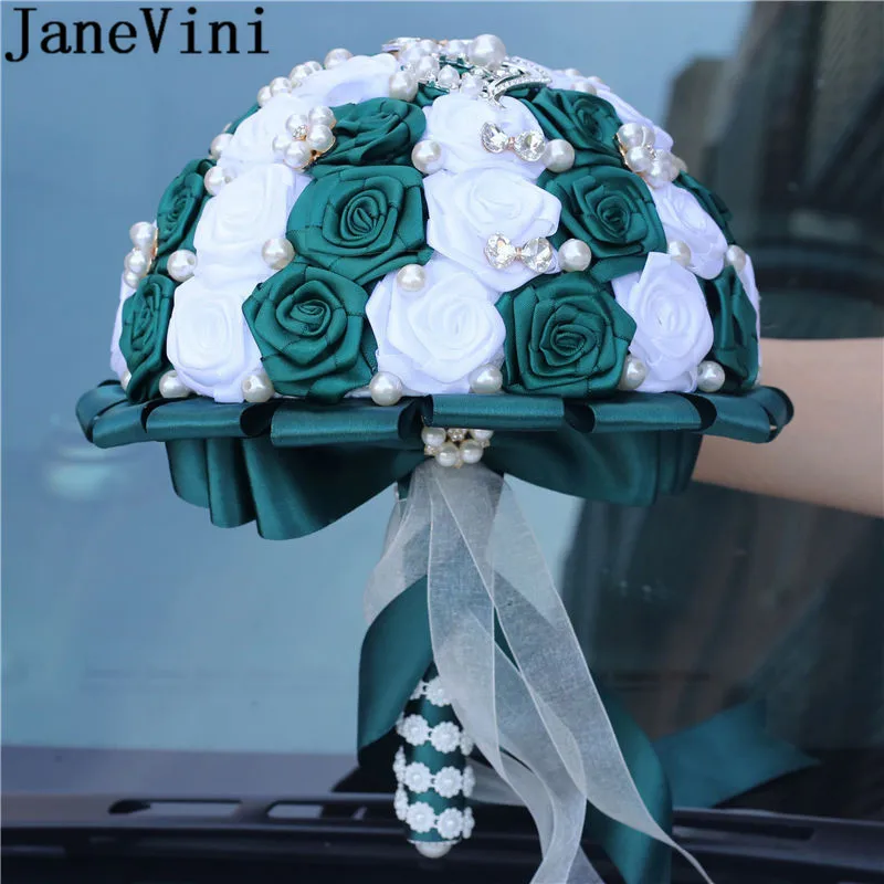 JaneVini Vintage Perla Verde Scuro Fiori di Nozze Bouquet Da Sposa 2020 Bianco Rosa del Raso Del Nastro di Cristallo Bouquet Da Sposa per Le Spose