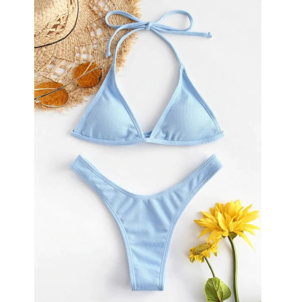 Light Blue Bikini Set For Women Cotton Swimsuit Halter Low Waist Swimwear Two Piece Bathing Swimming Suit 2022