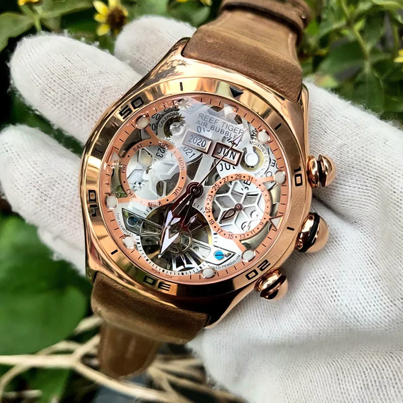 Reef Tiger Luxury Rose Gold Skeleton Automatic Watches Tourbillon Leather Strap Watches Waterproof Sport Watch Men RGA703