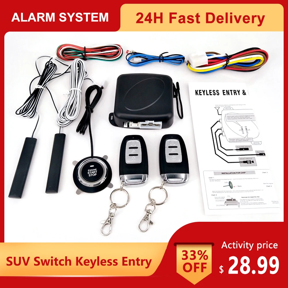 Universal 9Pcs Car SUV Switch Keyless Entry Engine Start Alarm System Push Button Remote Starter Stop Auto Anti-theft System