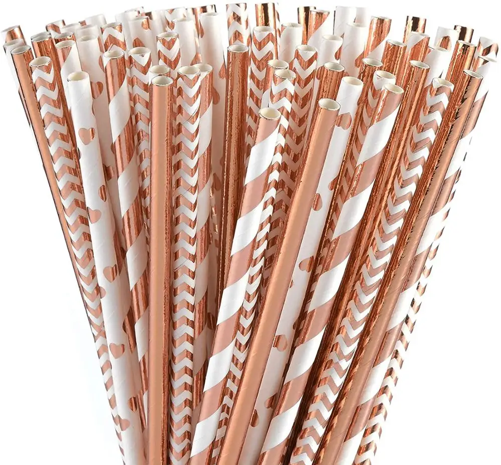 Rose Gold Bulk Metallic Foil Striped Wave Heart Paper Straws Birthday Party Supplies Wedding Bridal Baby Shower Celebrations