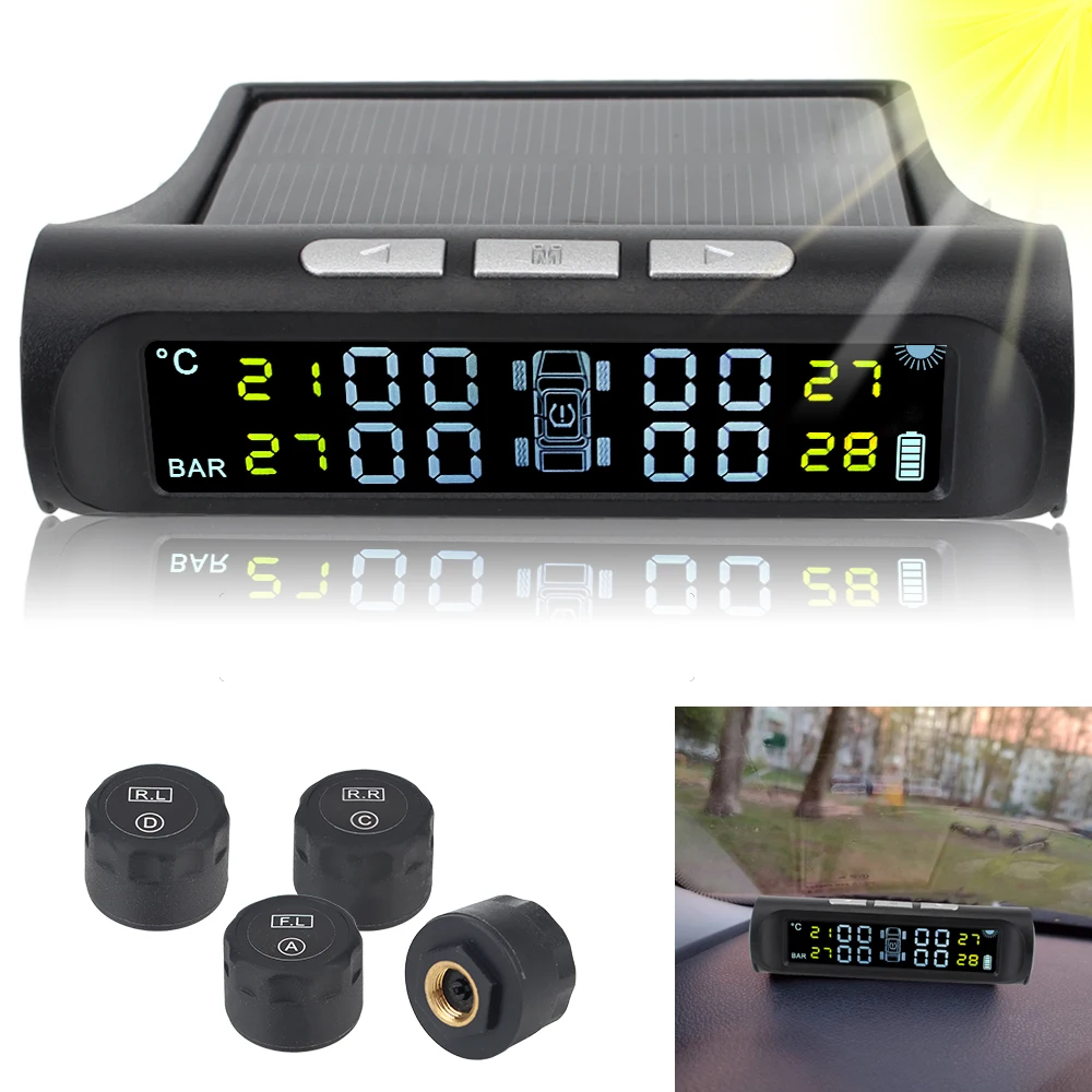 Pantalla LCD Digital con 4 sensores externos, accesorios solares TPMS para coche, sistema de monitoreo de presión de neumáticos, Kit de diagnóstico de neumáticos