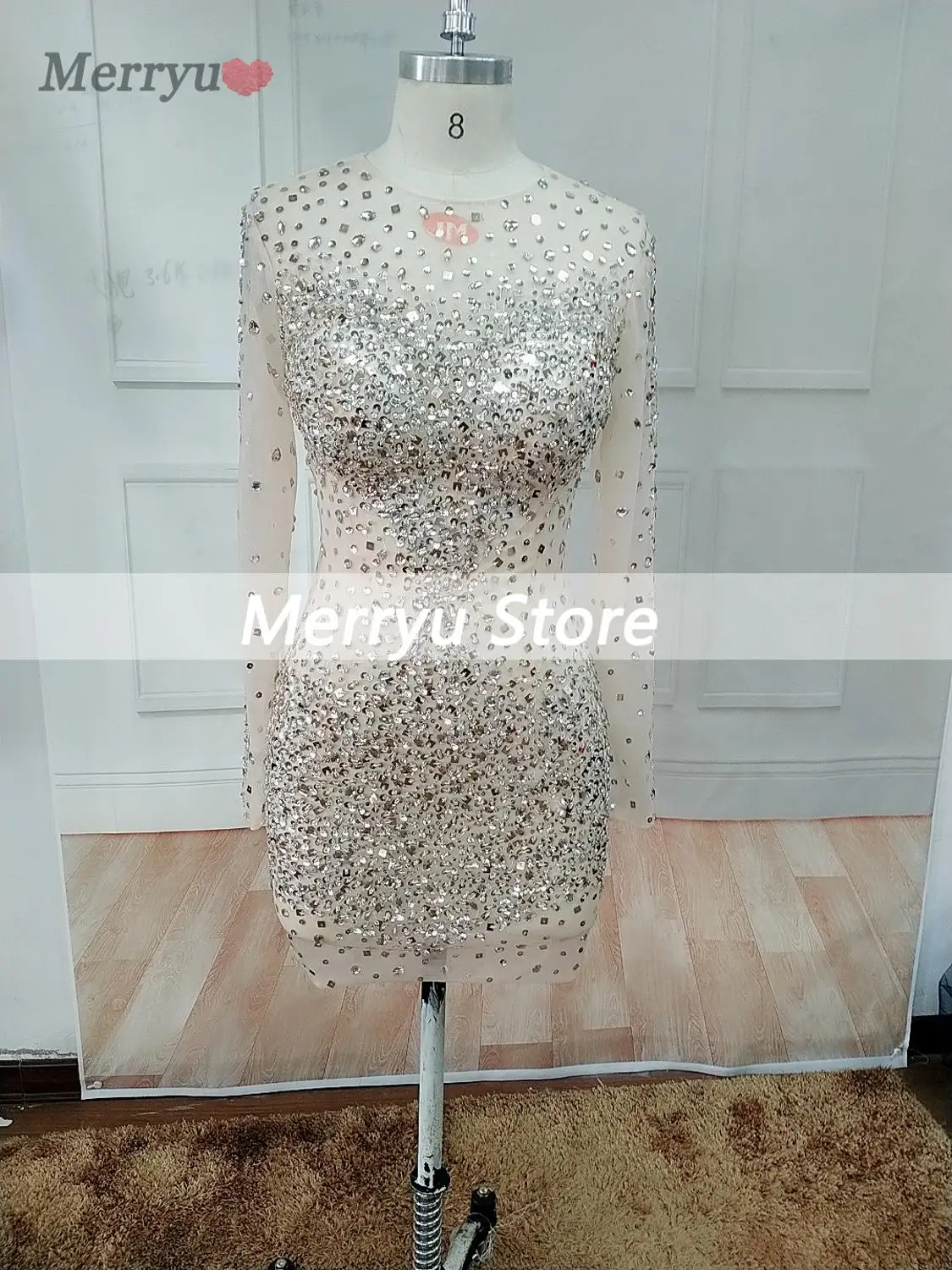 Short Prom Dress Long Sleeves Sexy Illusion Design Heavy Beading Crystal Sheath Mini Graduation Party Gown