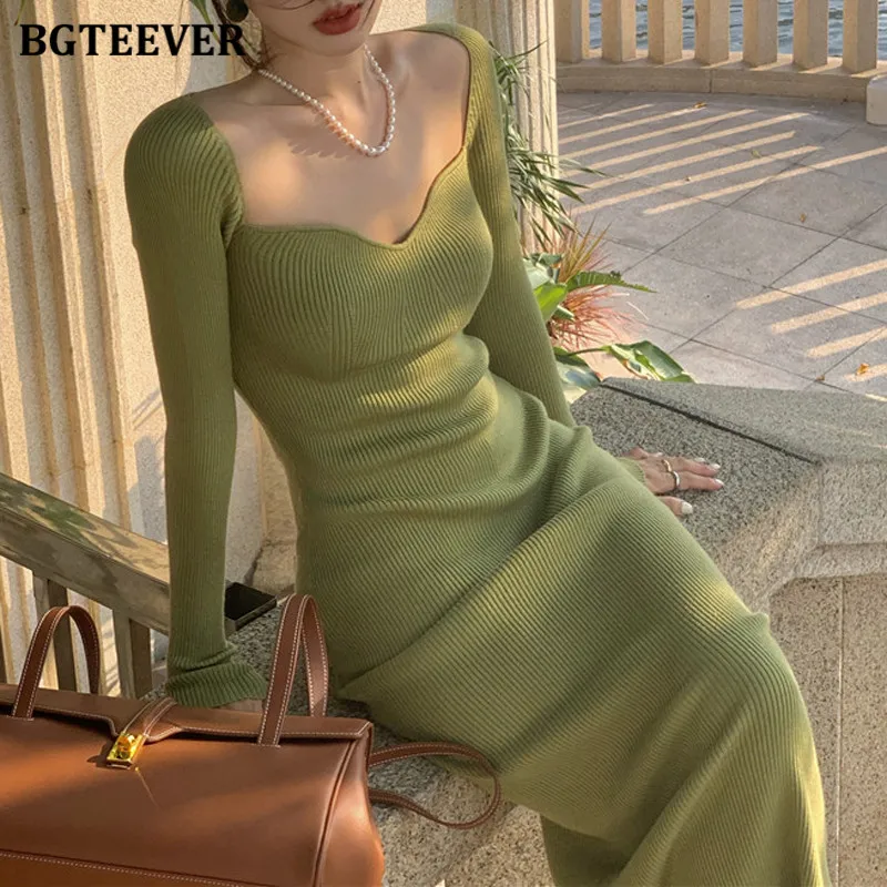 BGTEEVER Vintage Square Collar Knitted Bodycon Dress for Women Split Stretched Female Pencil Dress Vestidos 2021 Autumn Winter