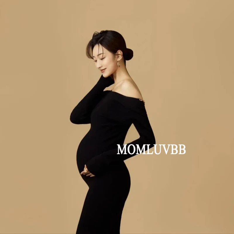 MOMLUVBB Sexy Maternity Dresses for Photo Shoot Full Sleeve Backless Pregnancy Clothes Photography Props Knitted Black Dress