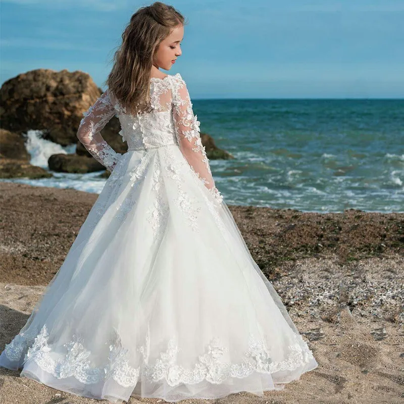 Vestido vintage de renda com mangas compridas, vestido branco de flores para meninas, decote puro e flores para desfile