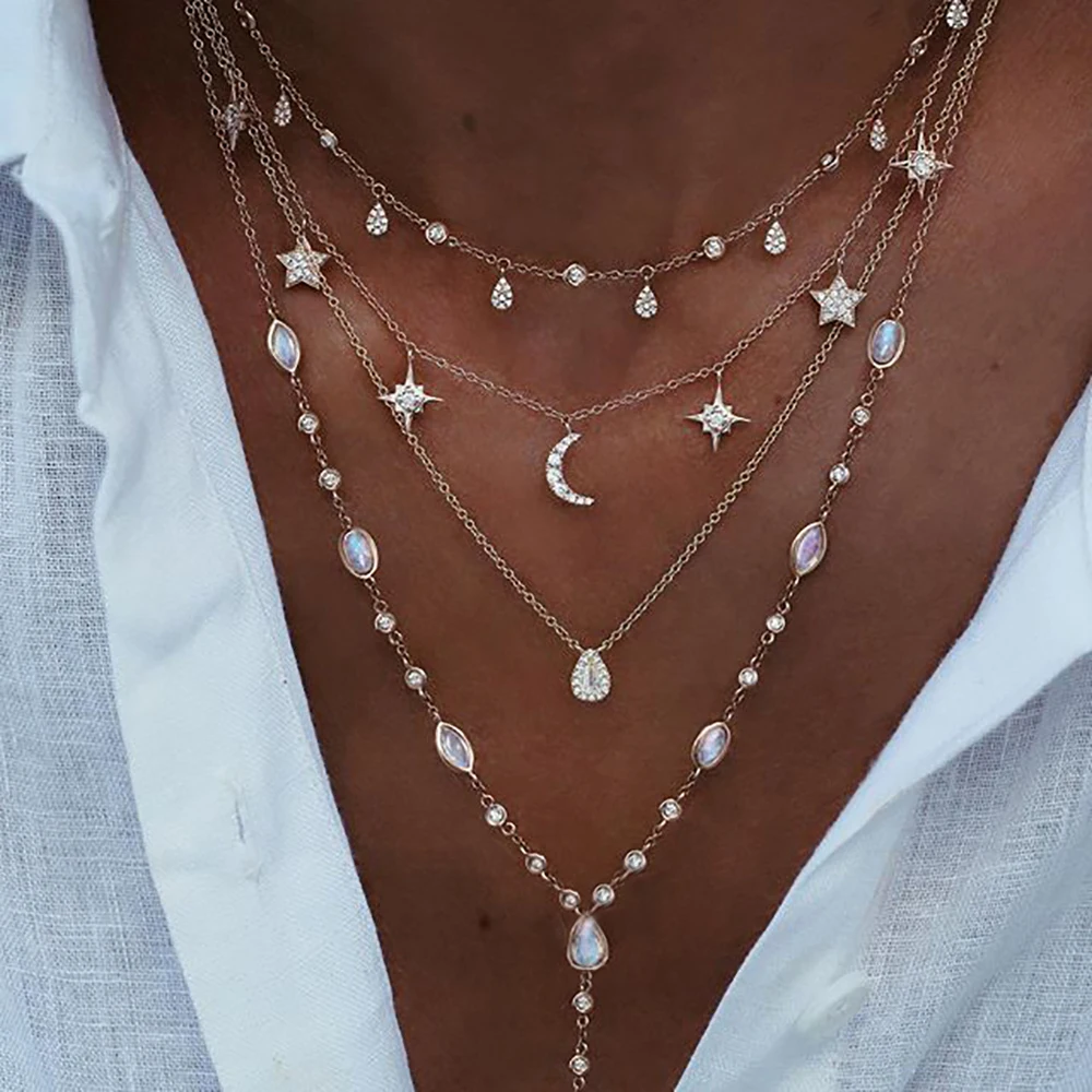 New Vintage Crystal Geometry Star Moon Lock Necklace For Women 2020 Boho Multi-level Pendants Necklaces Chokers Jewelry Gift