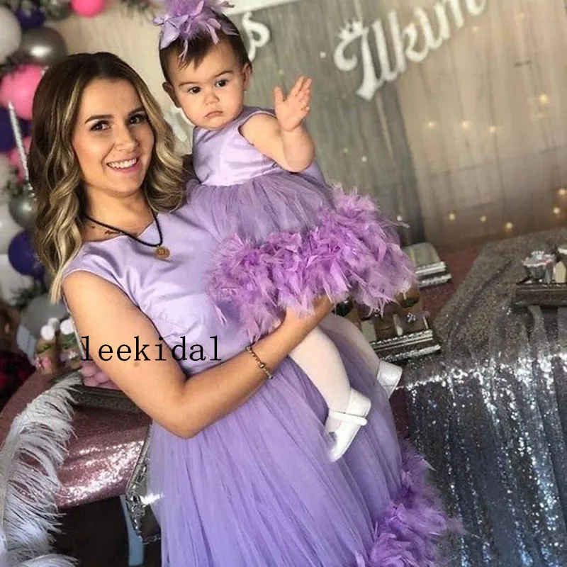 Purple Lavender Mother Daghter Dresses Knee Length Purple Feather Mom Kids Matching Dresses Mother Daughter Photo Dresses Custom