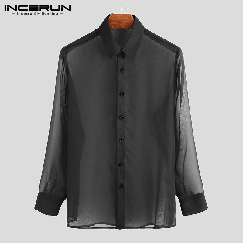 INCERUN Mesh Shirt Men Lapel See Through Sexy Stylish Button 2023 Camisa Long Sleeve Transparent Party Nightclub Men Shirt S-3XL