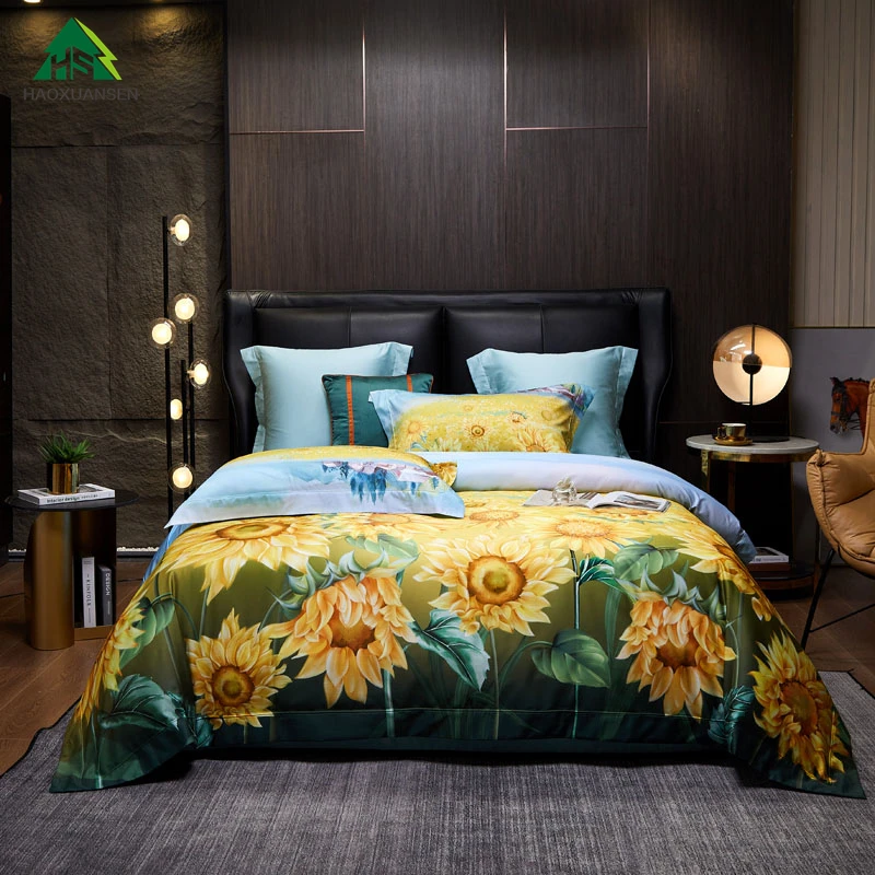 Pastoral Style Bedding Sets Digital Printing Bedlinen Pillowcase Double Bed Duvet Cover 3D Sunflower Design Long-Staple Cotton