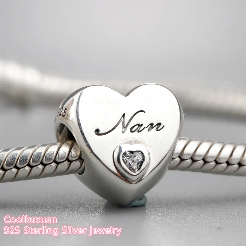 

new Spring 925 Sterling Silver Nan heart Charm white cz Charm Beads Fit Original Pandora Charms Bracelet DIY jewelry