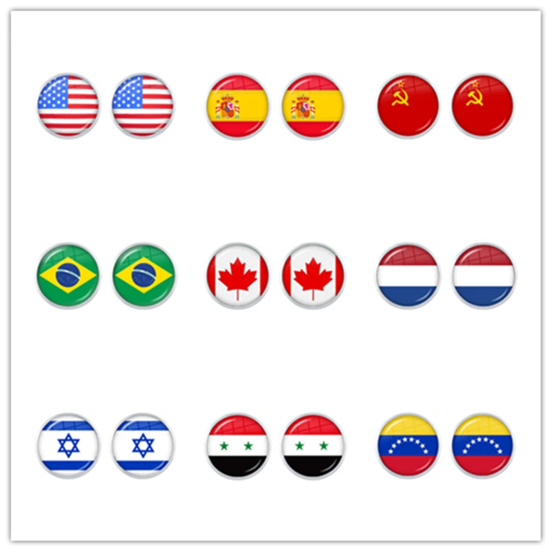 Soviet Union,Brazil,Canada,Netherlands,Israel,Syria,Venezuela,United States,Spain National Flag Glass Cabochon Stud Earrings