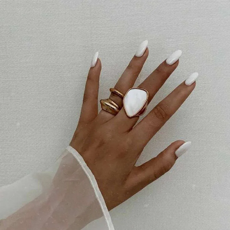 White shell irregular statement chunky ring for women stainless steel gold plated hyperbole vintage ring fashion