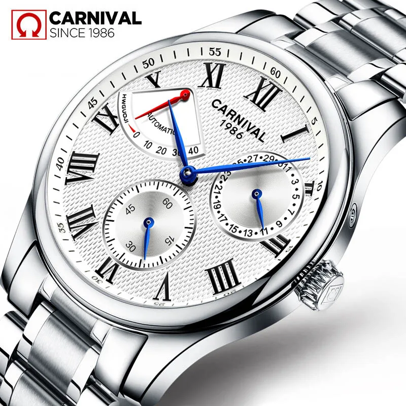 

Carnival New Fashion Men Energy Display Mechanical Watch Automatic Date Waterproof Stainless Steel Business Watches Reloj Hombre