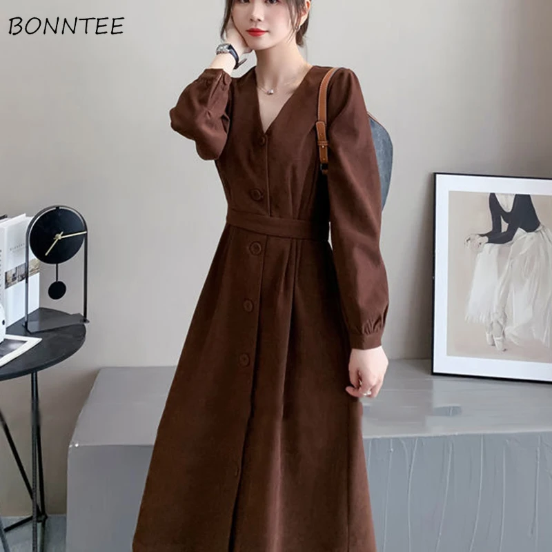 

Women Long Sleeve Dress Solid Elegant Vintage Female All-match Tender Ins Chic Fashion Button Pleated Mid-calf Streetwear Simple
