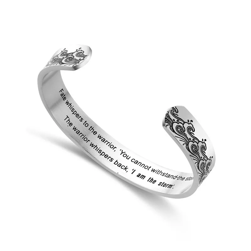 Hot wave pattern lettering Fate whispers to the warrior inspirational titanium steel bracelet