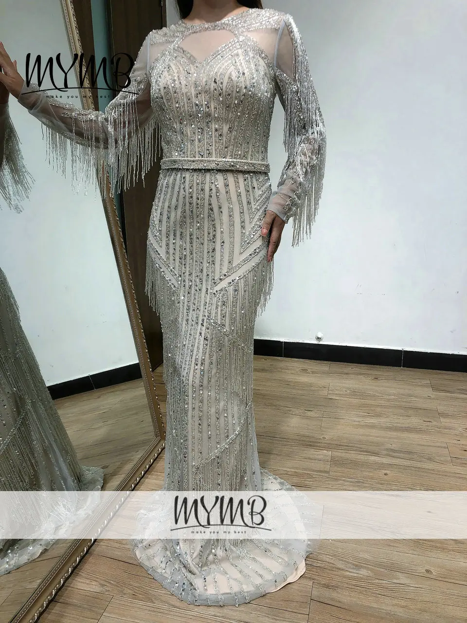 MYMB Haute Couture Long Sleeve Fringe Evening Dress 2021 Silver Beading Sexy Back Wedding Party Elegant Sparkle Dress MY31136