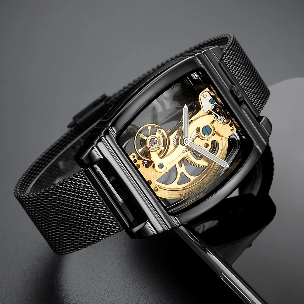 Tourbillon Automatic Mechanical Watch for Men Gold Case Luxury Tonneau Shaped Transparent Dial Luminous Male Winding Wristwatch