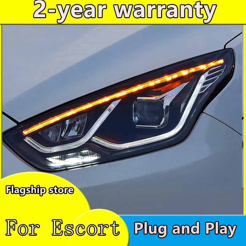 car for 2015-2017 Ford Escort headlight assembly modified LED daytime running light LED streamer steering Xenon headlights