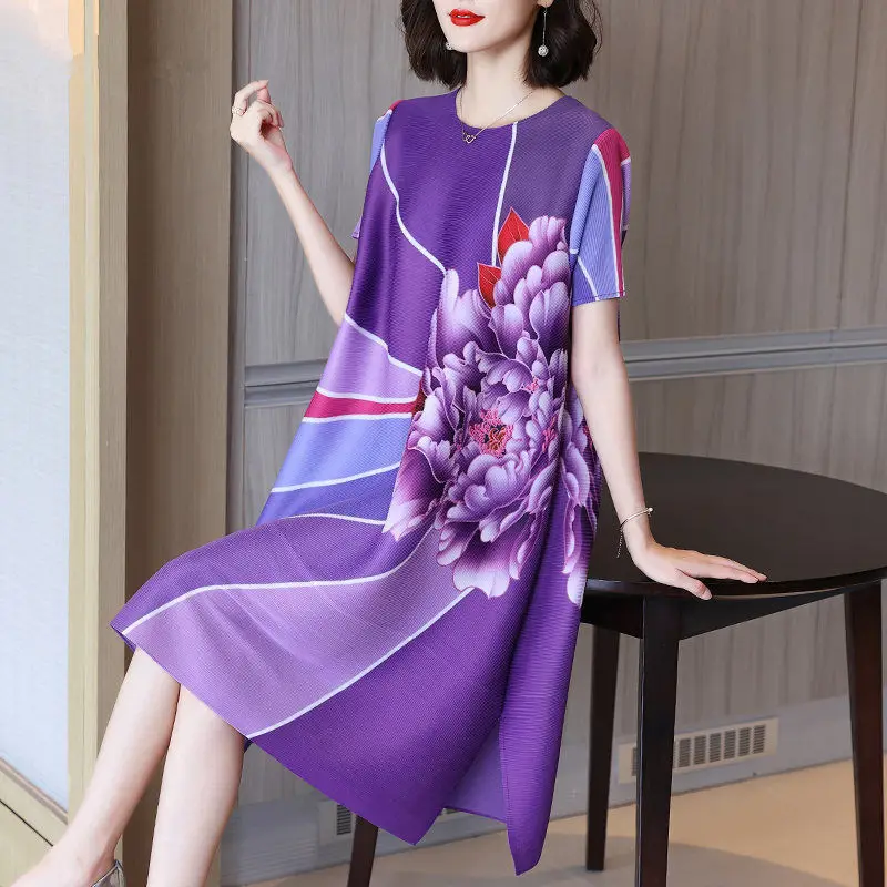 

Women Dress Western-style Print Age-reducing Dress 2023 Summer New High-end Pleated Mm Loose Large Size Women's A-line Skirt