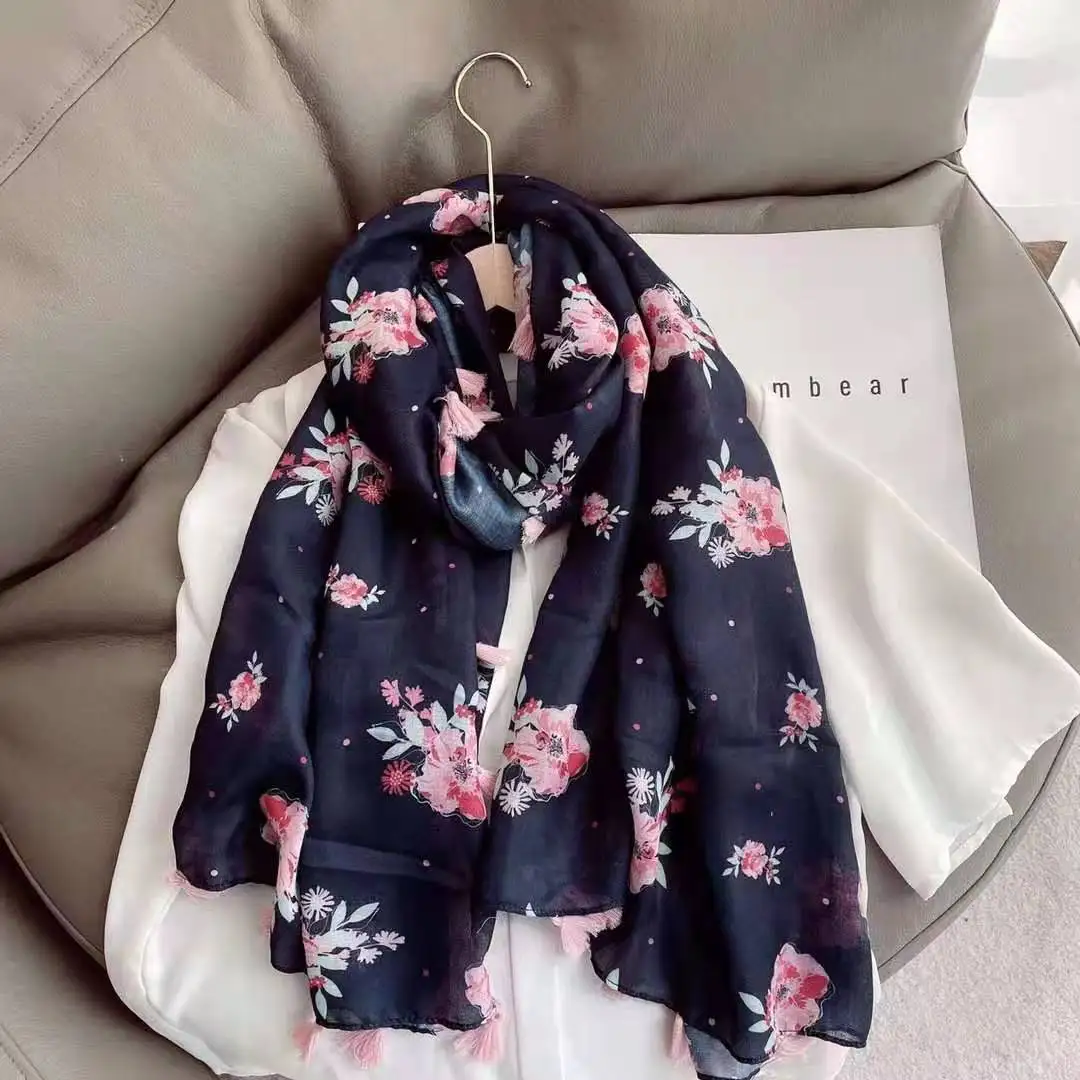 

2021 New Cotton Ombre Flower Print Tassel Scarf Shawls Long Floral Blossom Scarves Hijab