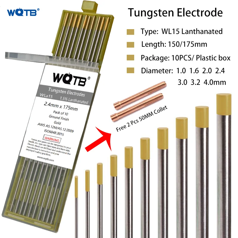 Électrode rett en or lanthané pour soudage, WL15 Club20, 2% mm, 1.0mm, 1.6mm, 2.0mm, 2.4mm, 3.0mm, 3.2mm, 4.0mm