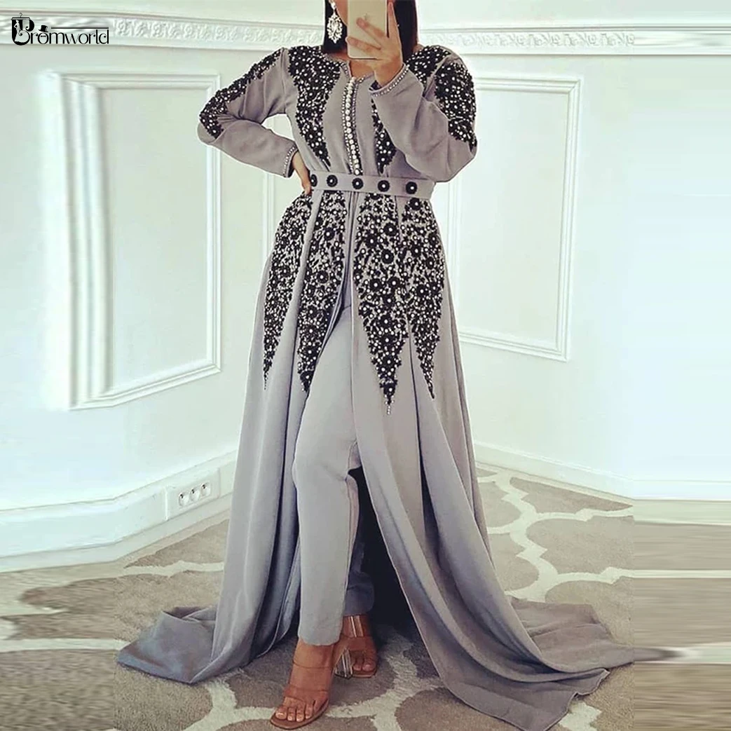 Marokkaanse Caftan Grijze Formele Jurken Vrouwen Elegant Broekpak Kralen Bloemen Lange Mouwen Moslim Avondjurken Robes De Soiree