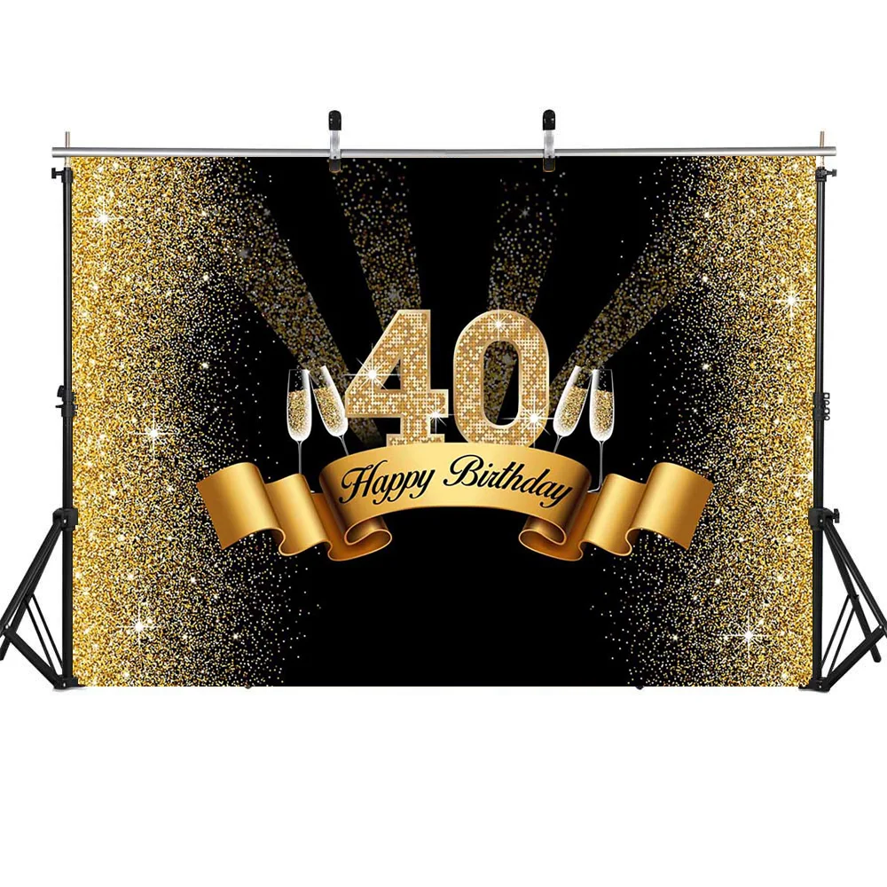 Happy 40th Birthday Backdrop Gold and Black 40th Birthday Photography Background Golden Glitter Photo Studio Booth Backdrop