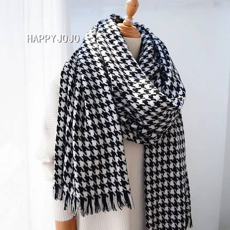 Wool shawl women luxury classic black white houndstooth long scarf cape soft chic fashion casual warm pashmina scarves for lady