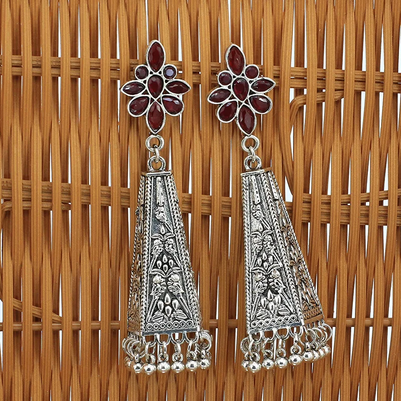 Vintage Oxidized Silver Color Alloy Earrings For Women Bohemain Afghan Jewelry Geometric Flower Drop Earrings Indian Turk Gift