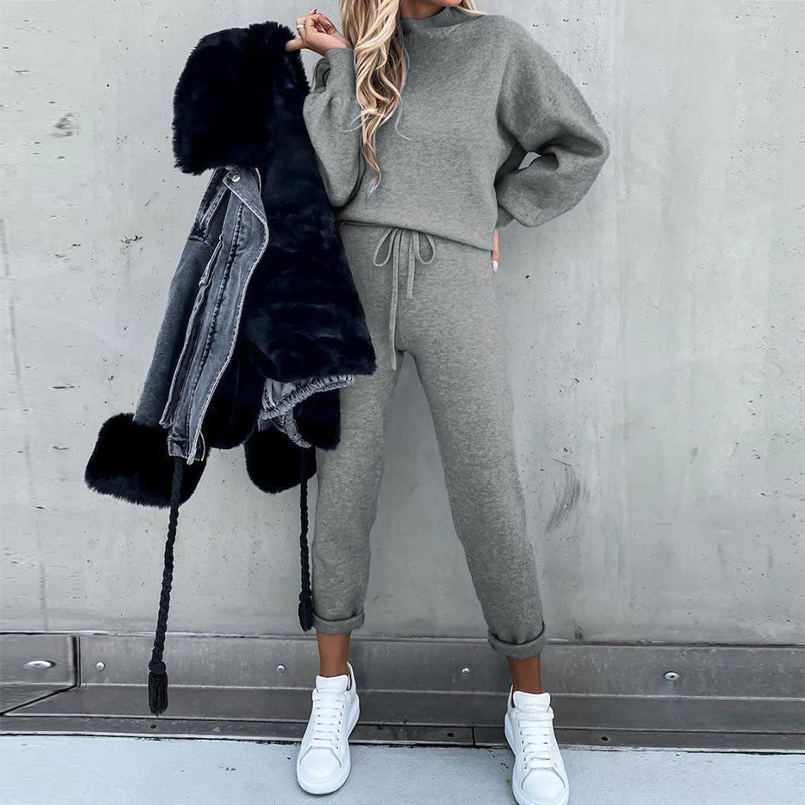 Women\'s Fleece Tracksuit Hooded Sweatshirt Autumn Solid Blouse Pants 2Pieces Set Long Sleeve Pullover Drawstring Pant Sportswear