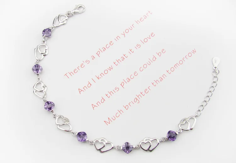 Silver 925 Jewelry Elegant Bracelet Jewelry 925 Sterling Silver Natural Purple Amethyst Love Heart Cute Women Bracelet